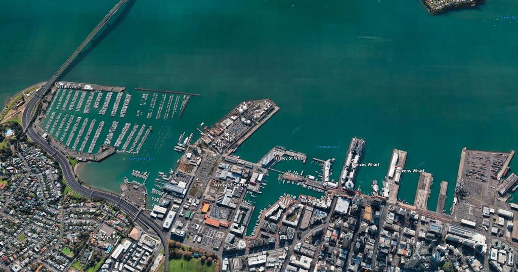 Auckland Habour showing the various locations under consideration Captain Cook Wharf is the smaller wharf to the right of Queens Wharf © Google Earth